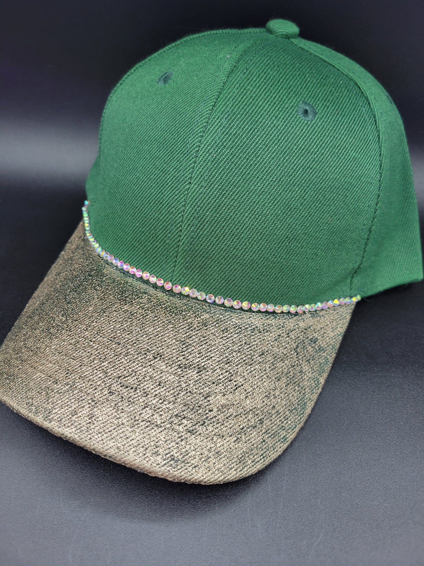 Hunter green dad cap with gold foil and AB rhinestones