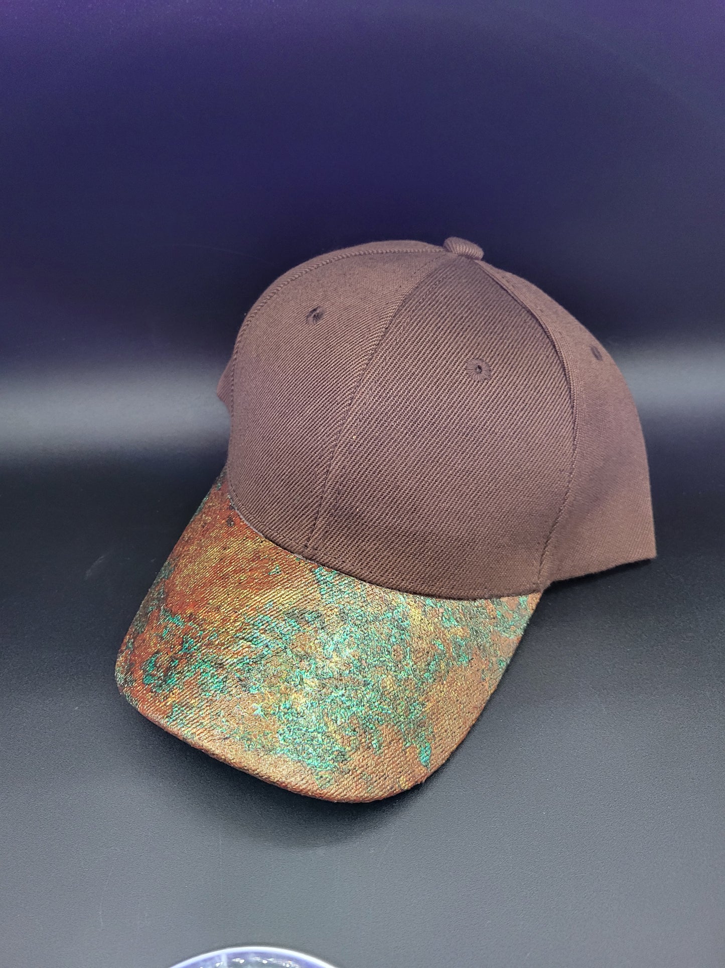 Dark brown dad cap with Weathered Copper