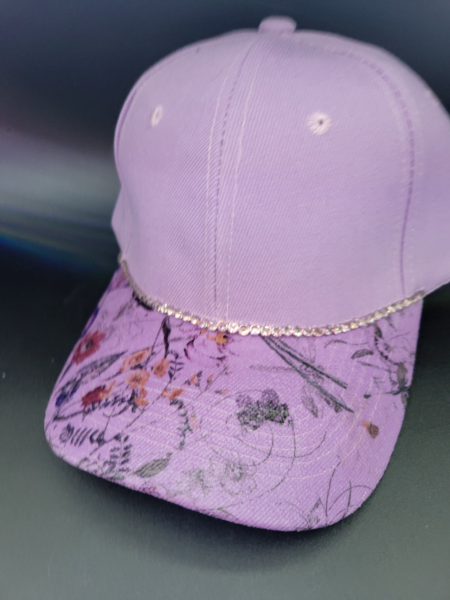 Lavender Dad cap with Serenity Floral foil and light pink rhinestones