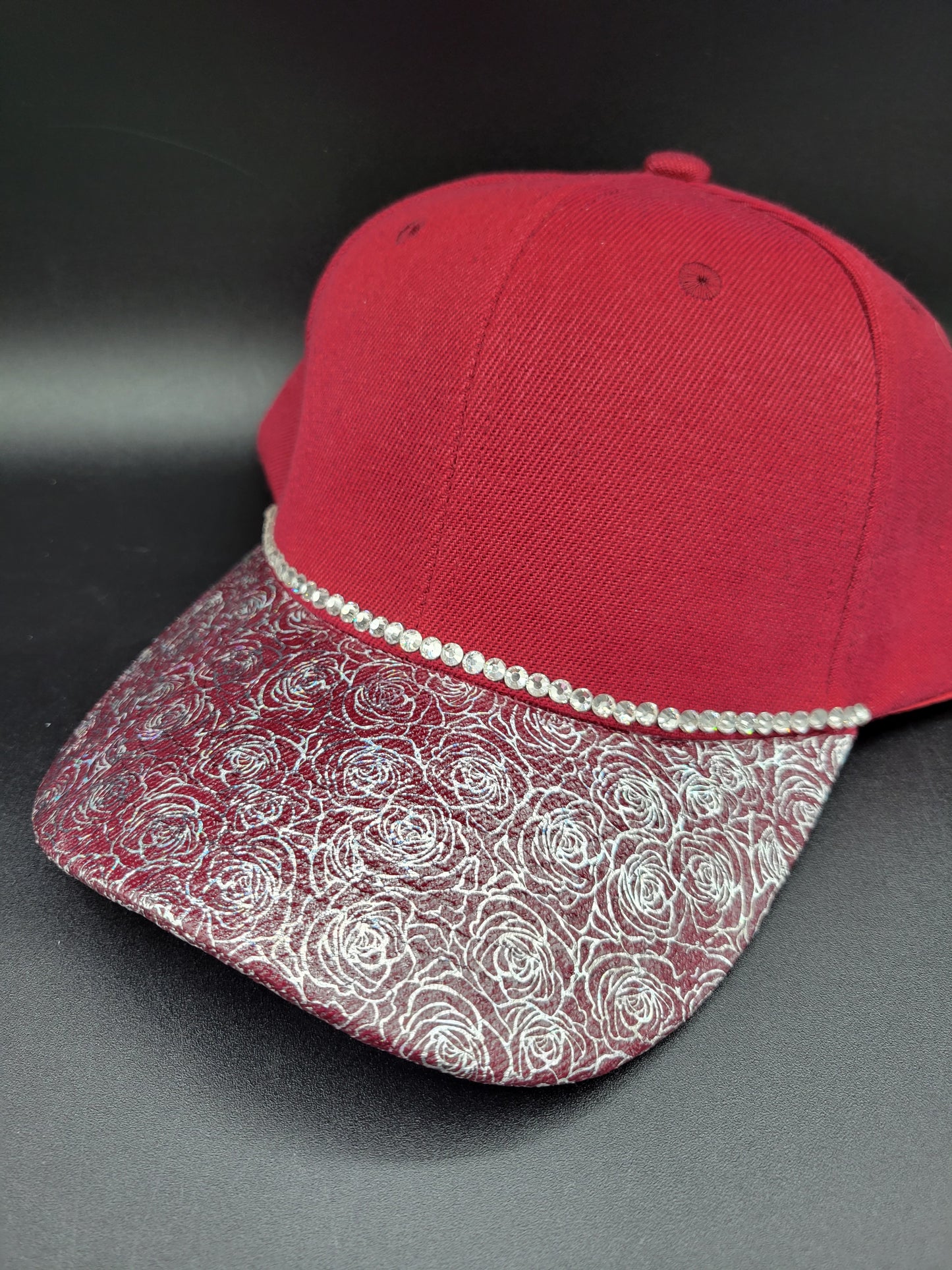 Burgundy dad cap with silver roses foil and silver rhinestones