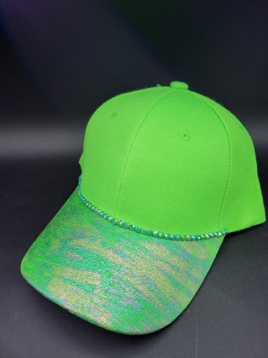 Lime green dad cap with radioactive foil and green rhinestones