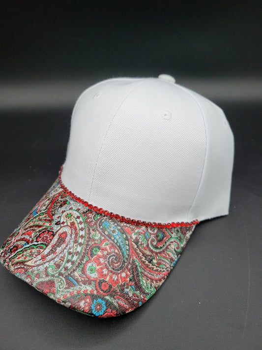 White dad cap with Moxie paisley foil and red rhinestones