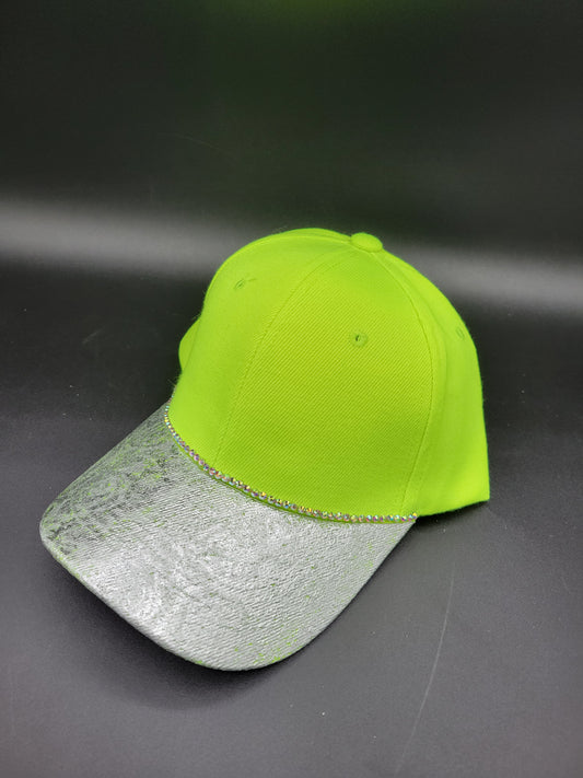 Neon yellow dad cap with Portia silver foil and AB rhinestones