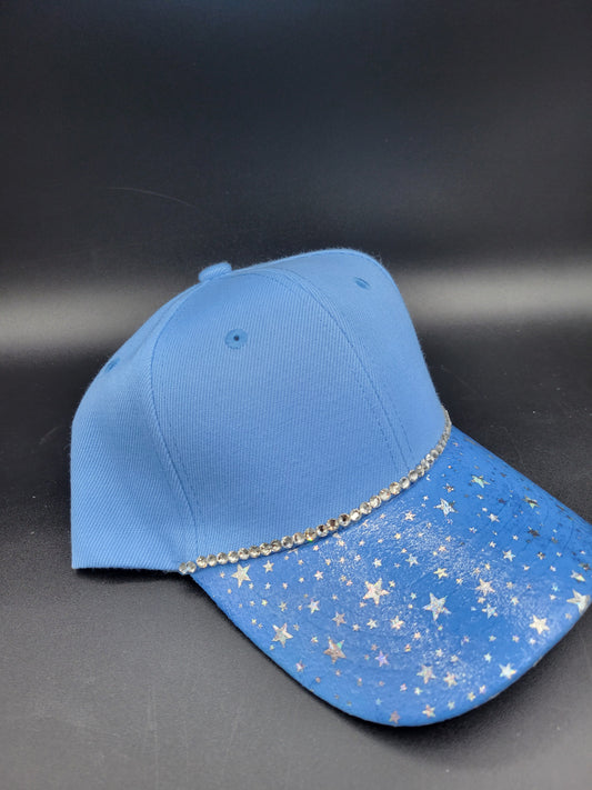 Light blue dad cap with Stargazer foil and silver rhinestones