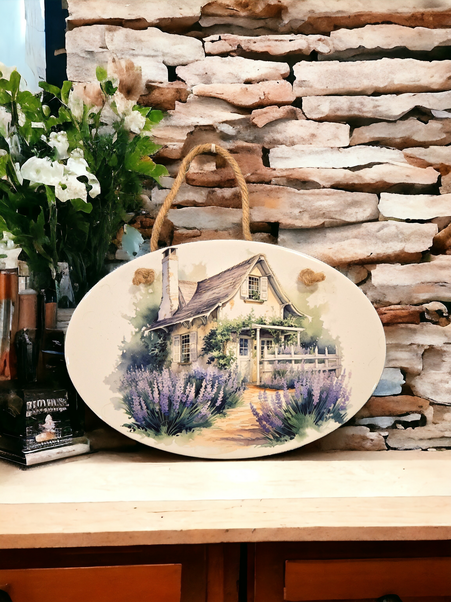 8" oval ceramic lavender cottage wall plaque (lav3#1)
