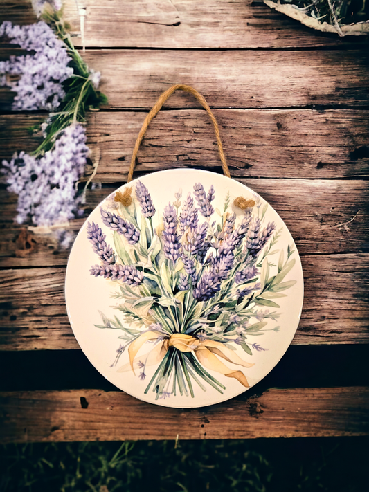 7" round ceramic lavender bouquet wall plaque (lav2#2)