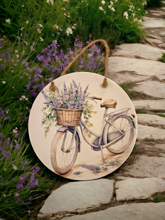 7" round ceramic lavender bicycle wall plaque (lav2#6)