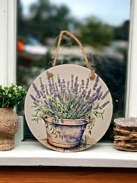 7" round ceramic lavender flower pot wall plaque (lav3#5)