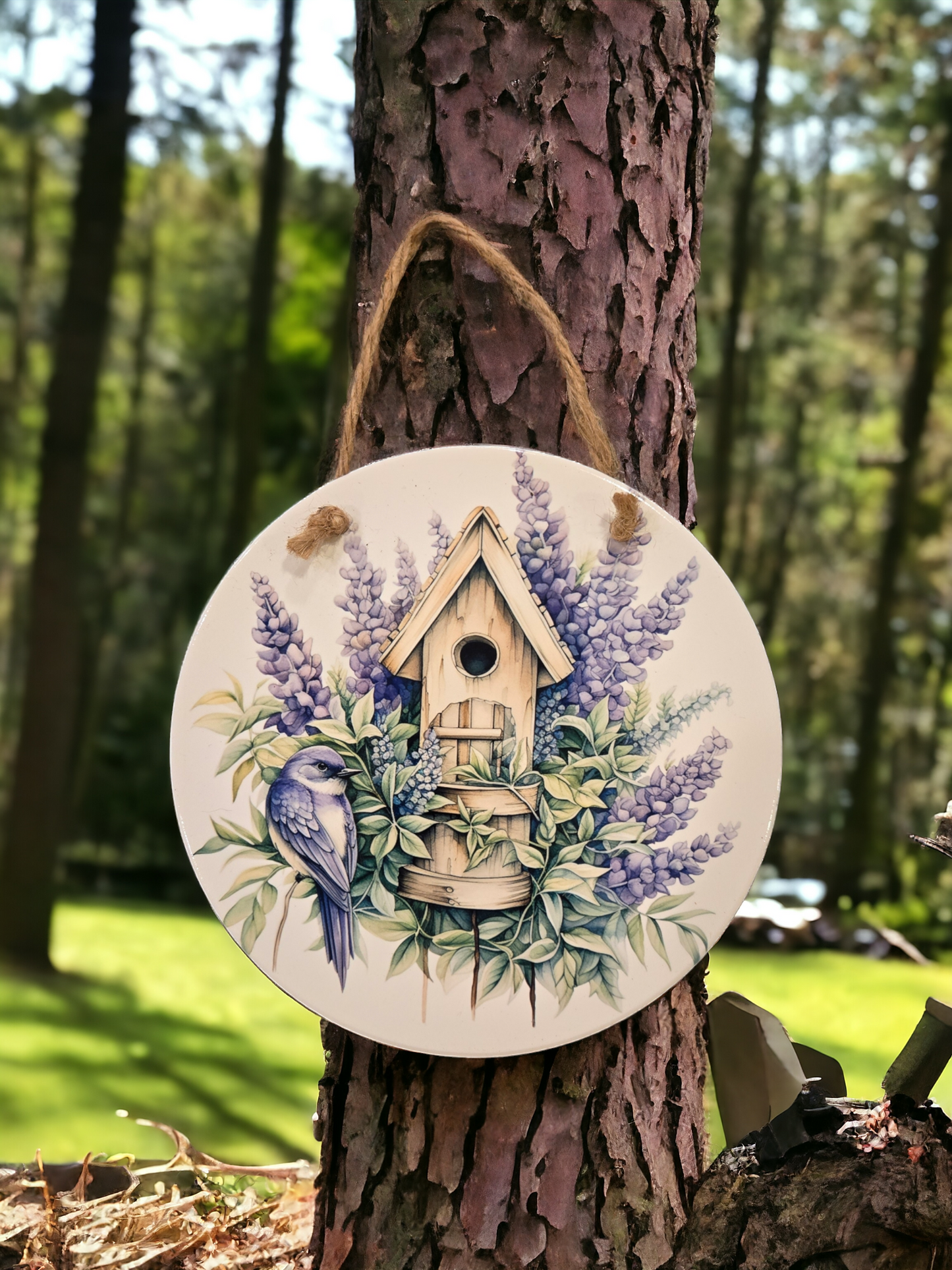 7" round ceramic lavender birdhouse wall plaque (lav3#21)