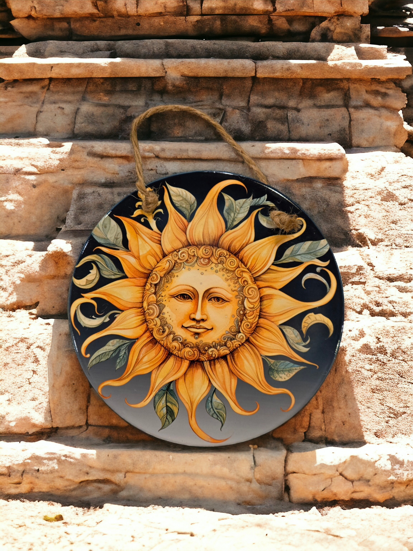 7" round ceramic sunflower face wall plaque (litha1#15)